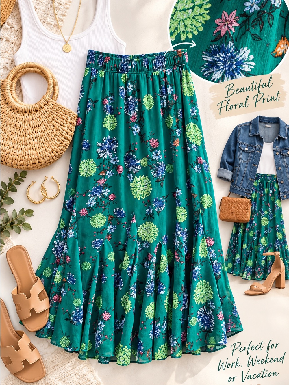 LOFT Emerald Green Floral Tiered Midi Maxi Skirt M Elastic Waist Boho Flowy